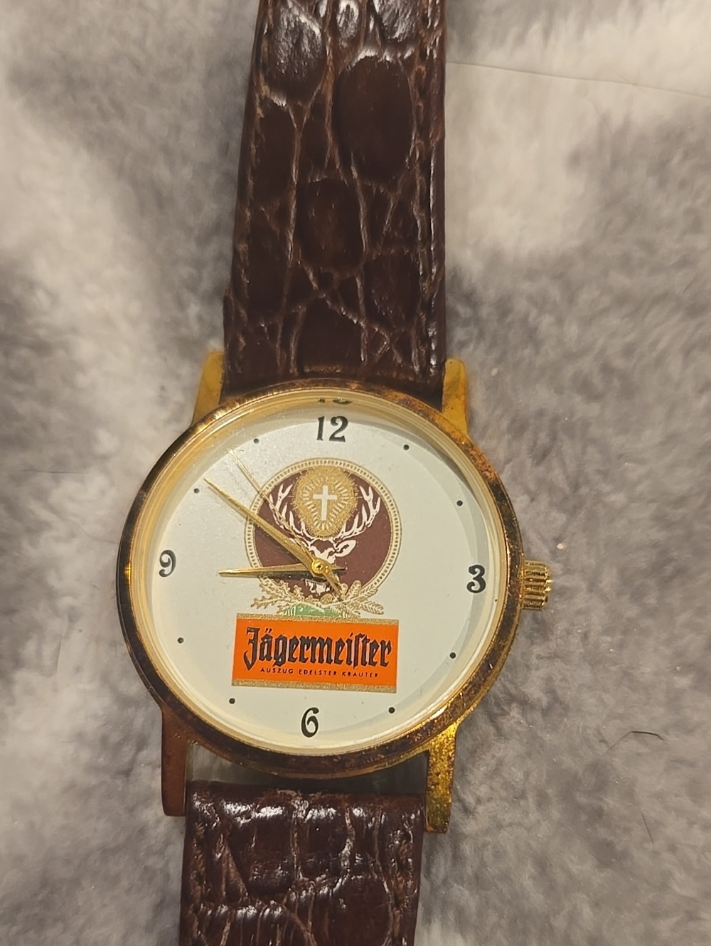 Vintage Jägermeister Watch Gold Tone Leather Strap 32mm Rare Logo